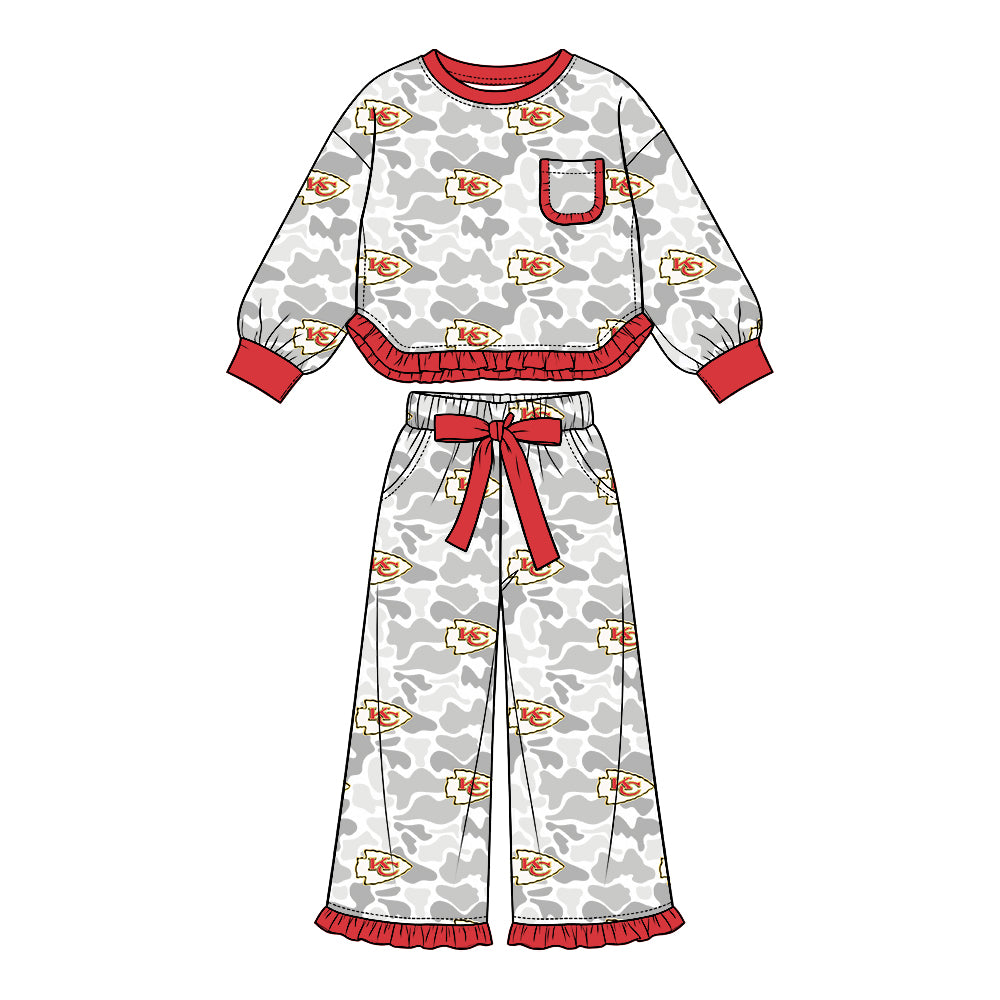 Preorder (moq 5) Baby Girl Clothes Gray Camo Full Print Long Sleeve Ruffle Top Wide Leg Pant Outfit Set