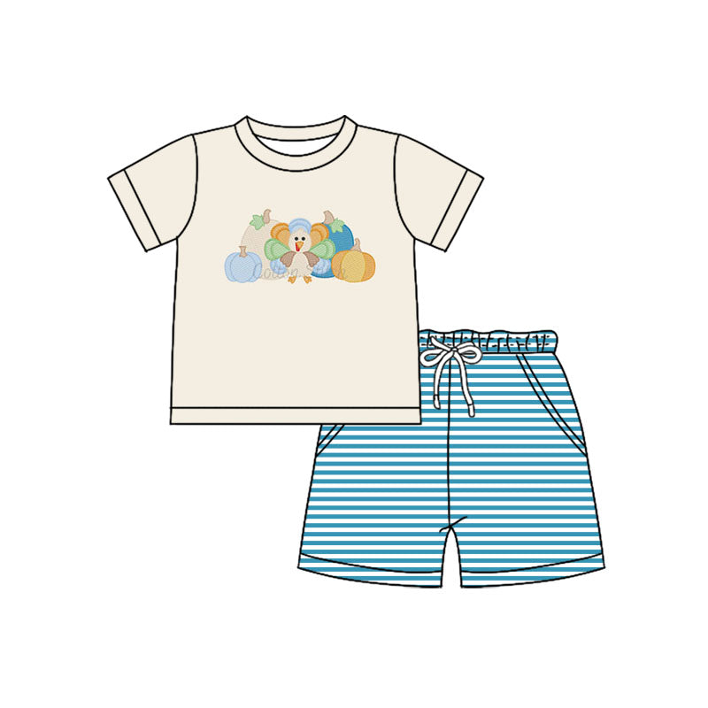 Preorder (moq 5)Baby Boys Khaki Short Sleeves Turkey Pumpkins Top Blue Stripes Pockets Shorts Set