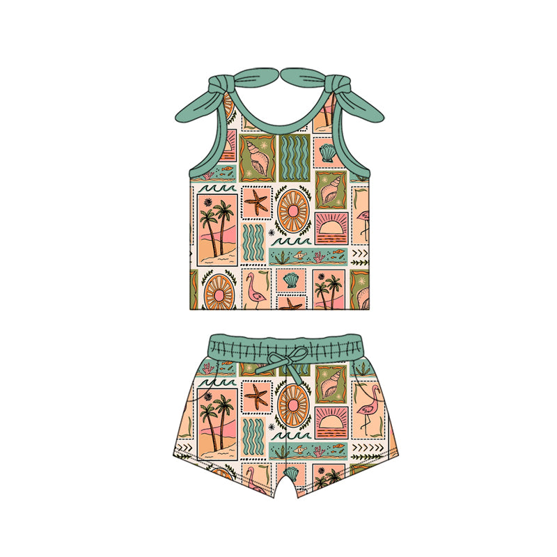 Preorder moq 5 Baby Girls Bows Sleeveless Sea World Beach Top Pockets Short Set