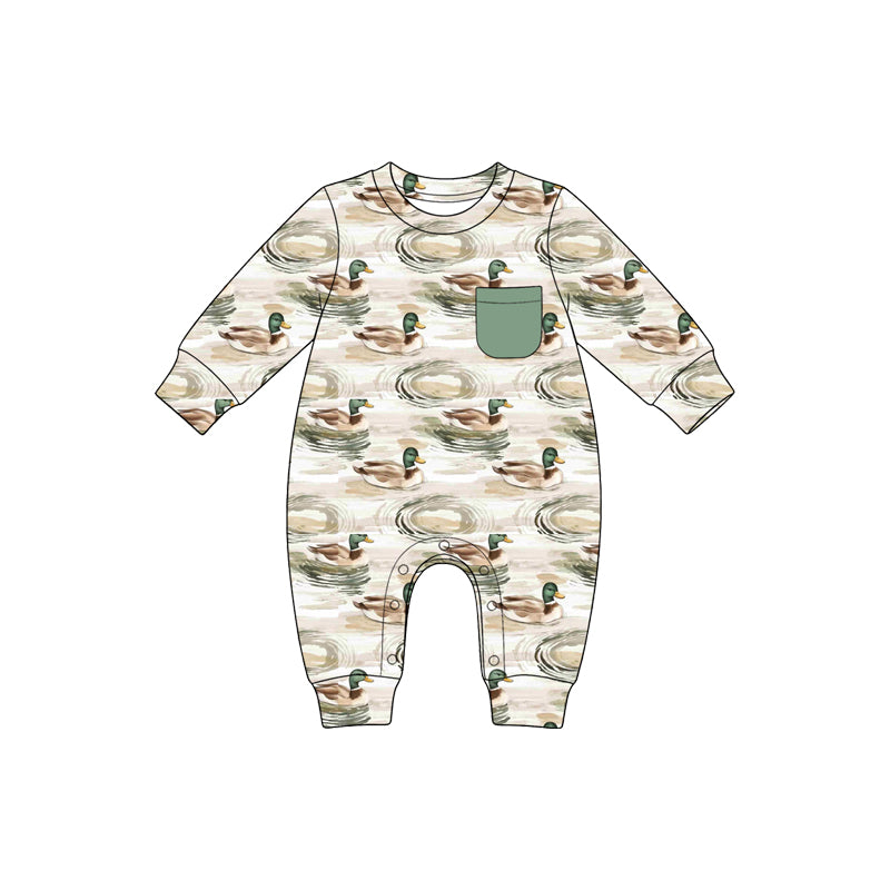 Preorder(moq5) Unisex Long Sleeve Romper Patchwork Deer Duck Hunting Print Breathable Soft Snap Crotch