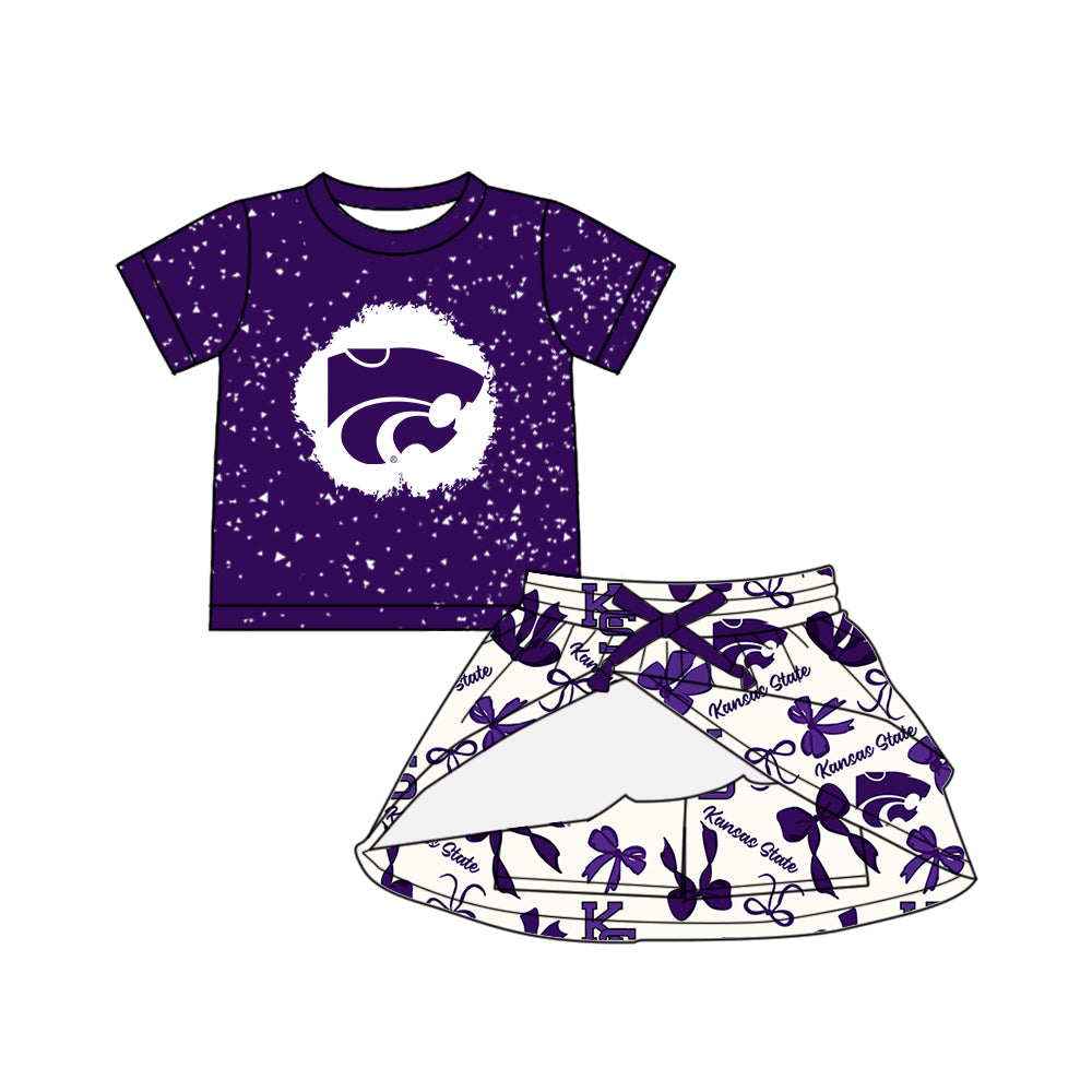 Preorder (moq 5)Baby Boys Purple Short Sleeves KS Top Bows Plaid Skorts Team Clothes Sets