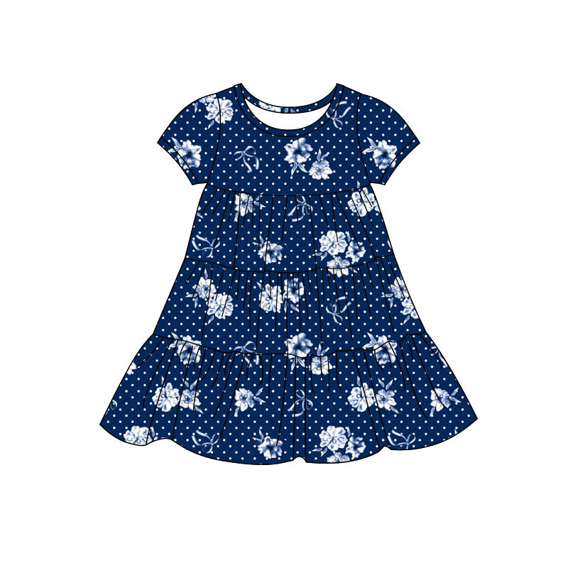 Preorder(moq 5) Baby Girls Navy Polka Dots Flowers Patchwork Ruffle Knee Length Dresses