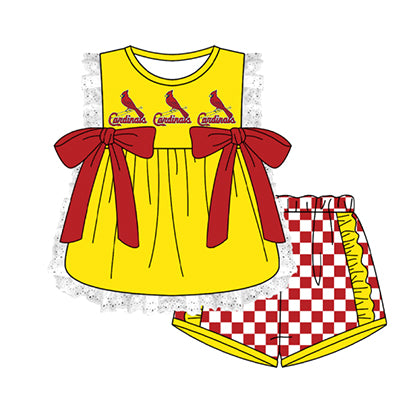 Preorder moq 5 Baby Girls Sleeveless Cardinals Lace Tunic Checked Short Team Clothes Sets