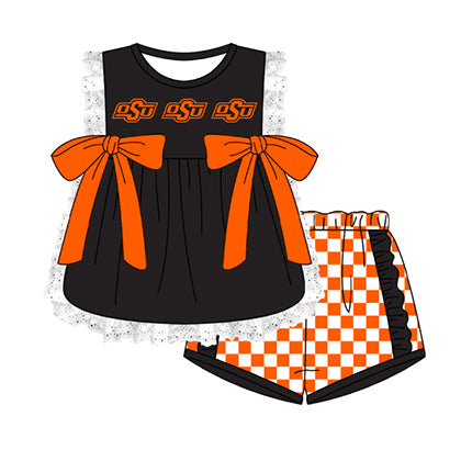 Preorder moq 5 Baby Girls Sleeveless OSU Lace Tunic Checked Short Team Clothes Sets