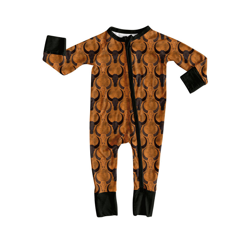 Preorder(moq 8)Baby Boys Bull Skulls Plaid Western Zipper Footie Rompers