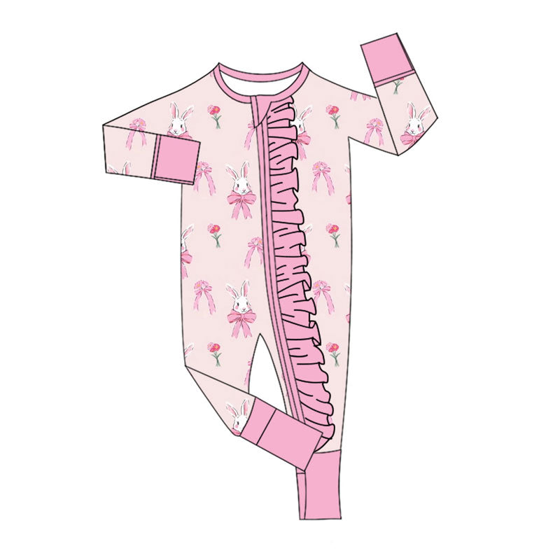 Preorder (moq 5)Baby Girls Pink Flowers Rabbits Easter Ruffle Zipper Footie Rompers