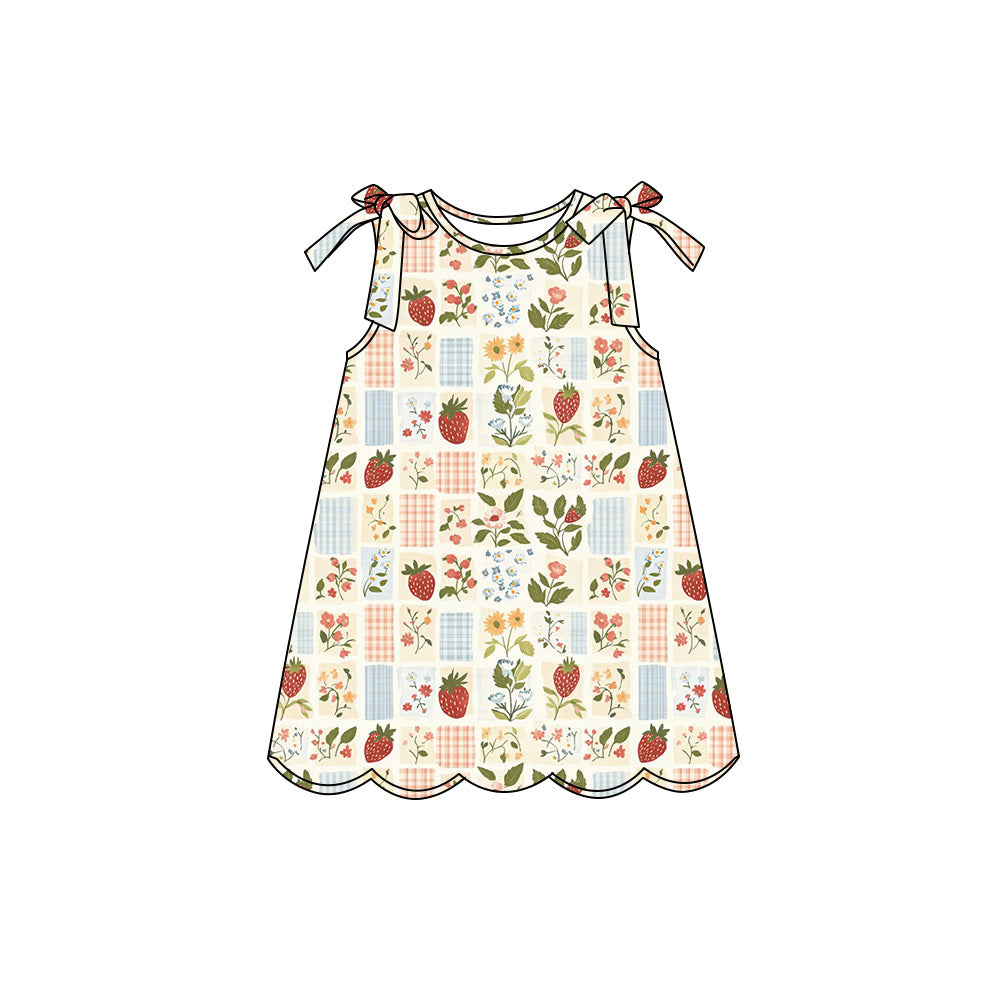 Preorder (moq 5)Baby Girls Sleeveless Strawberry Flowers Checked Scallop Knee Length Dress