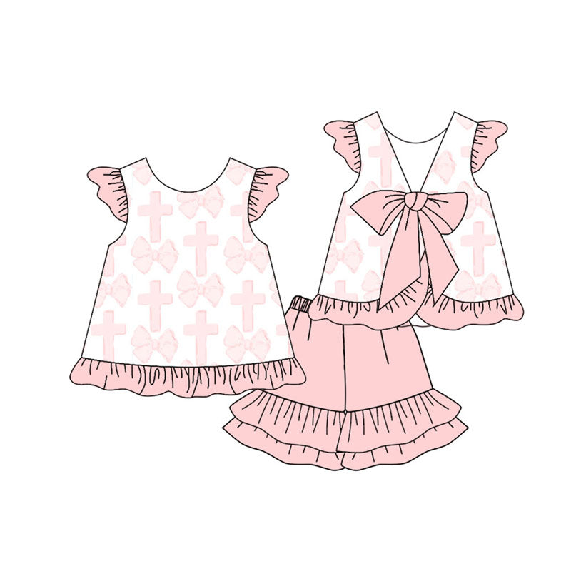 Preorder(moq 5) Baby Girls Pink Flutter Sleeve Back Bows Crosses Tunic Ruffle Shorts Easter Clothes Sets