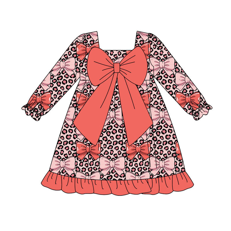 Preorder(moq 8)Baby Girls Peach Leopard Bows Plaid Ruffle Knee Length Dresses