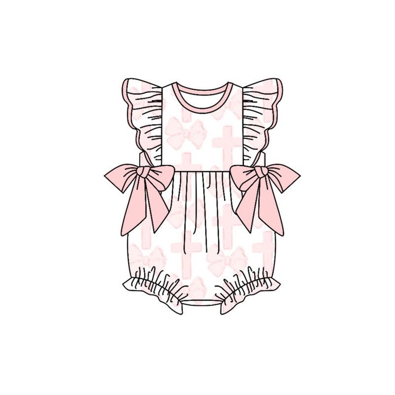 Preorder (moq 5)Baby Girls Pink Flutter Sleeve Crosses Bows Easter Ruffle Rompers