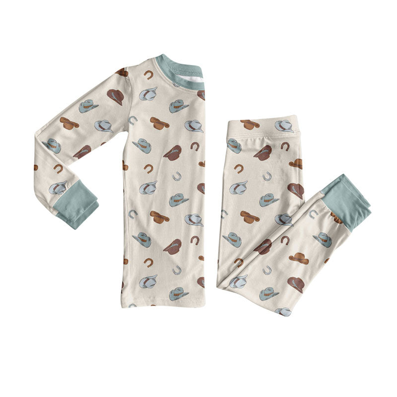 Preorder(moq 5) Baby Boys Blue Brown Hats Shoes Top Pants Western Pajamas Sets