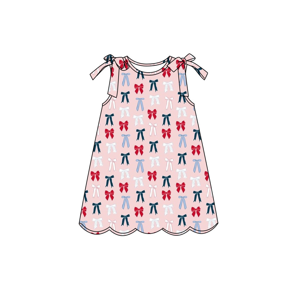 Preorder (moq 5)Baby Girls Red Blue Bows Plaid 4th of July Scallop Knee Length Dresses