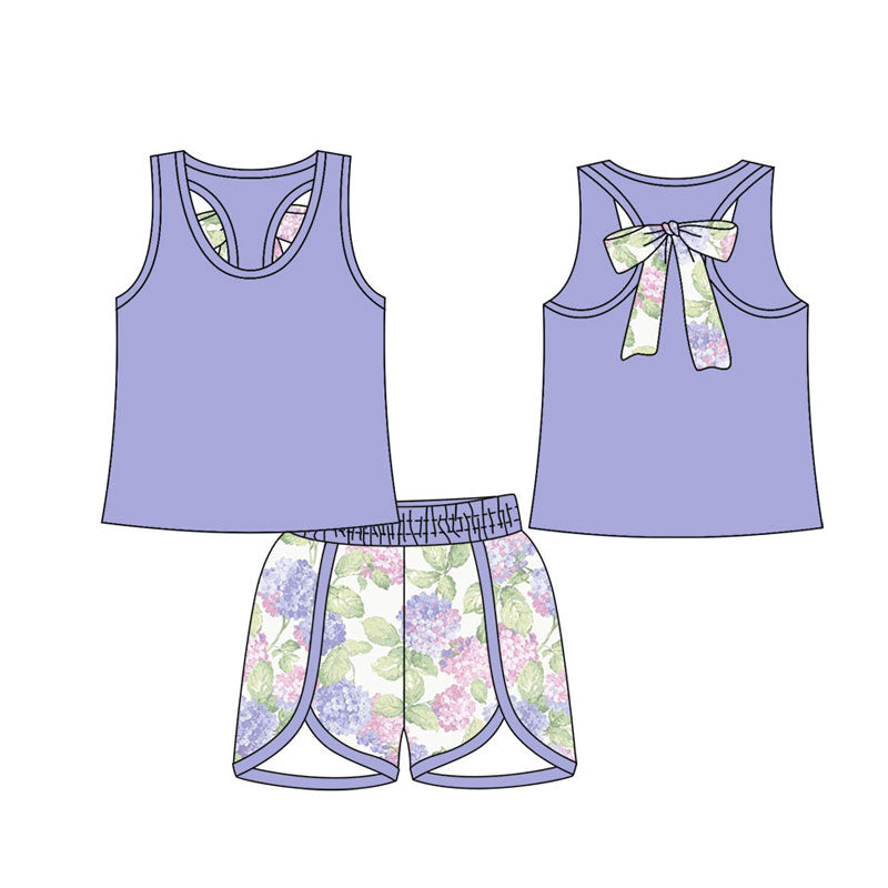Preorder(moq 5) Baby Girls Purple Back Bow Vest Flowers Shorts Clothes Sets