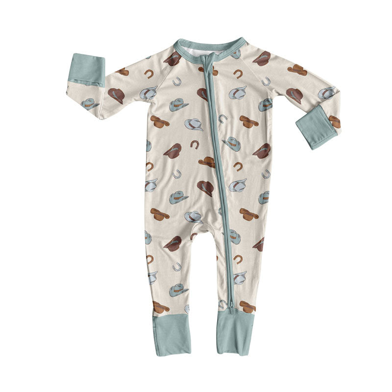 Preorder (moq 5)Baby Boys Blue Brown Hats Shoes Western Zipper Footie Rompers