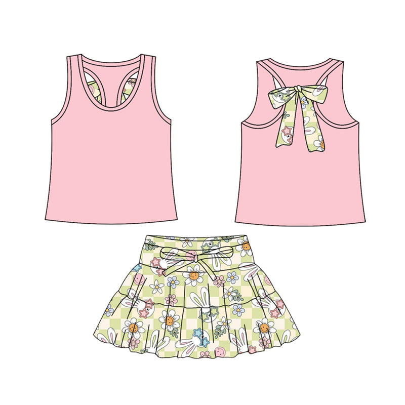 Preorder (moq 5)Baby Girls Pink Vest Back Bows Flowers Rabbits Skirt Shorts Easter Clothes Set