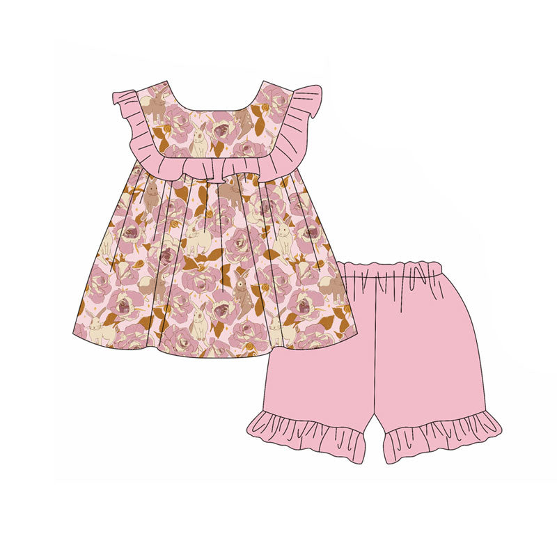 Preorder(moq 5) Baby Girls Rabbits Flowers Tunic Ruffle Shorts Easter Clothes Sets