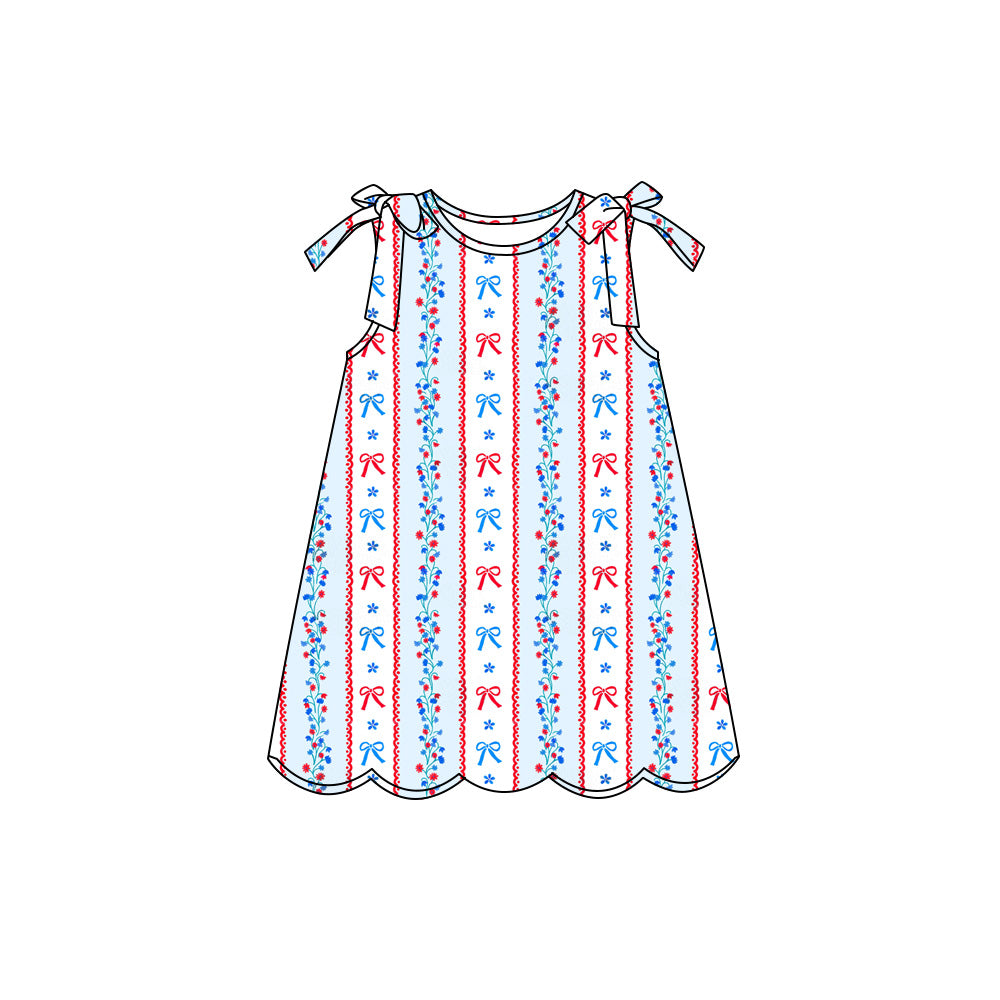 Preorder (moq 5)Baby Girls Bow Star Flowers Stripe 4th of July Scallop Knee Length Dresses