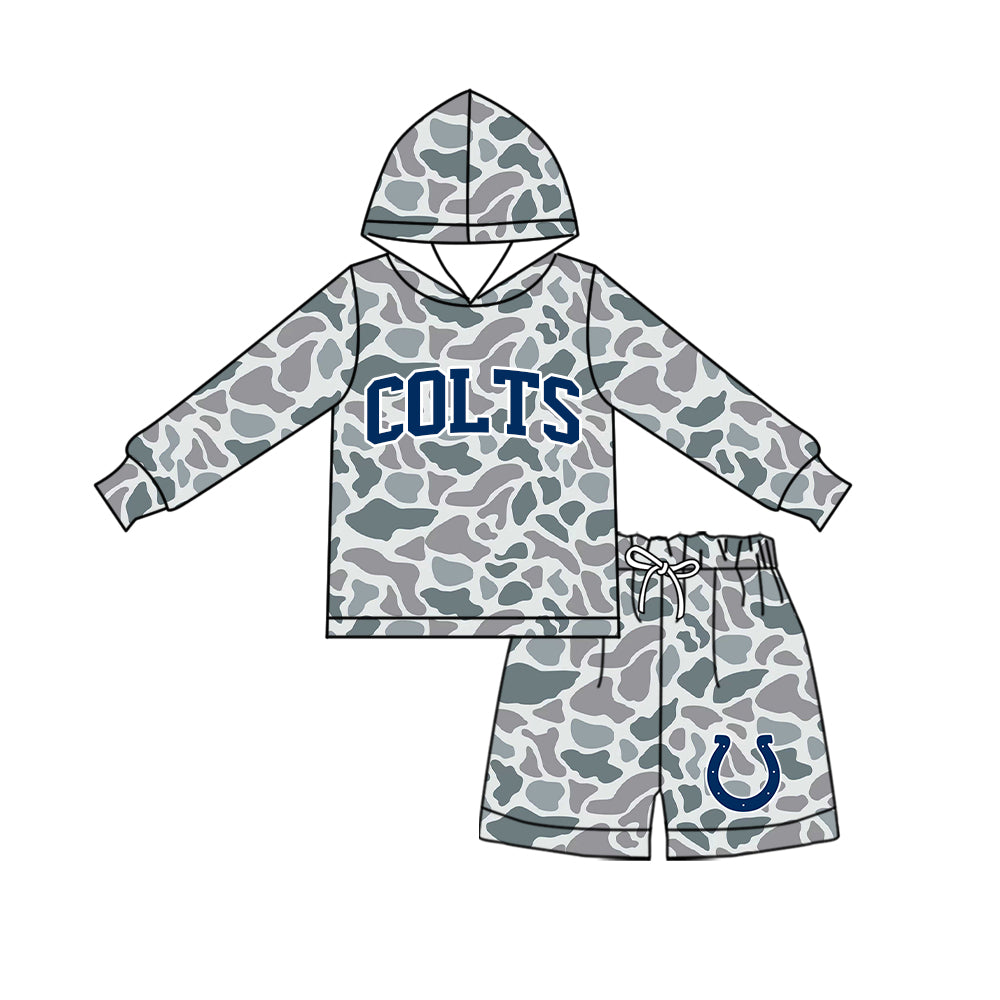Preorder (moq 5) Baby Boys Grey Camo Colts Hoodie Short Team Clothes Sets