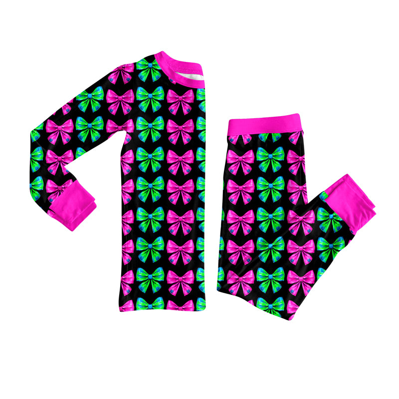 Preorder (moq 5)Baby Girls Long Sleeves Colorful Bows Plaid Top Pants Pajamas Set
