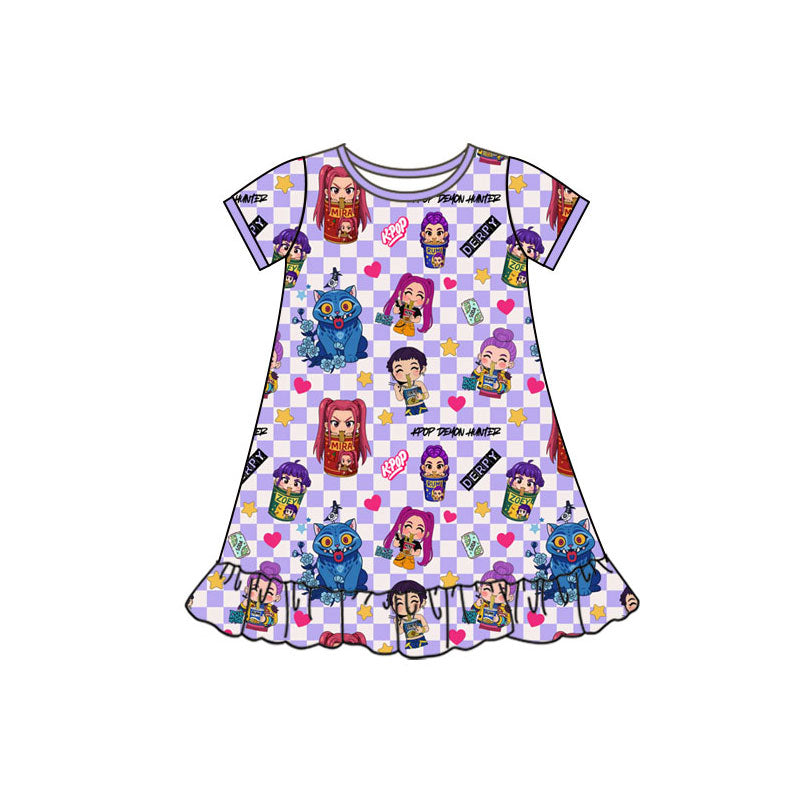 Preorder(moq 5) Baby Girls Short Sleeve Cartoon Girls Hearts Ruffle Knee Length Dresses