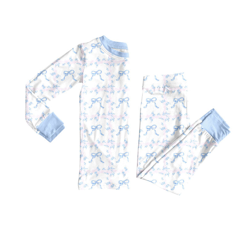 Preorder(moq 5) Baby Girls Blue Bows Flowers Top Pants Pajamas Sets