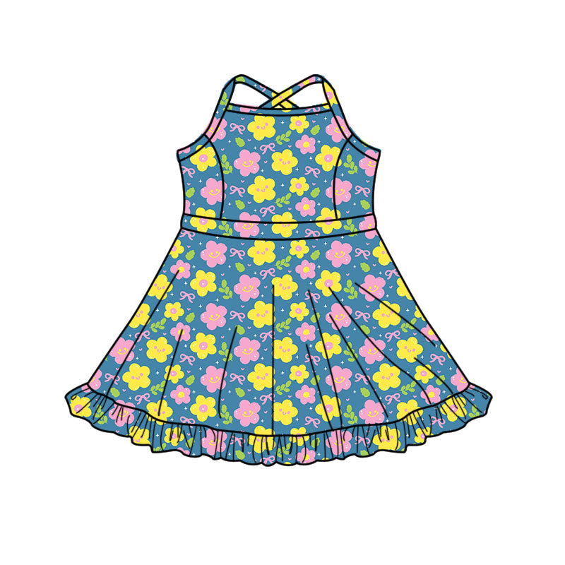 Preorder(moq 5) Baby Girls Pink Yellow Flower Bows Strap Ruffle Shorts Knee Length Dresses