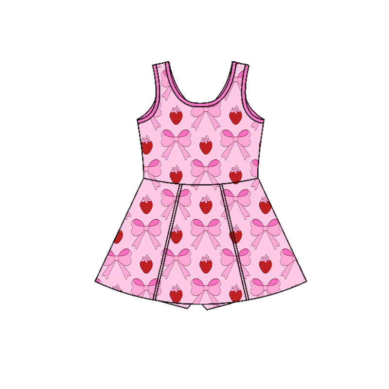 Preorder(moq 5) Baby Girls Sleeveless Pink Bows Strawberry Shorts Knee Length Dresses