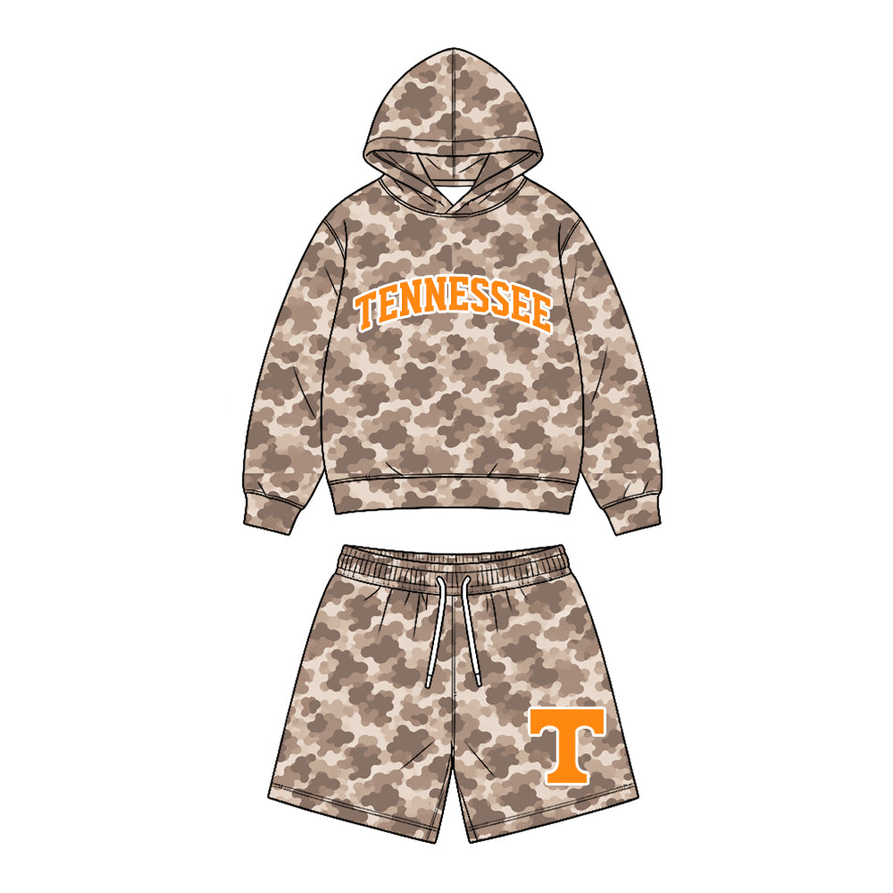 Preorder (moq 5) Baby Boy Clothes Tennessee Letter Logo Camo Print Long Sleeve Hoodie & Elastic Waist Short Set