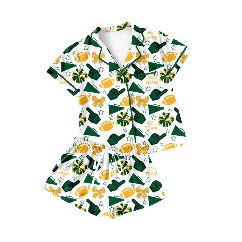 Preorder(moq 8)Baby Girls Gold Green Bows Footballs Button Pocket Top Shorts Team Pajamas Set