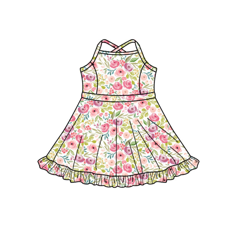 Preorder (moq 5)Baby Girls Strap Colorful Flowers Ruffle Shorts Knee Length Dresses