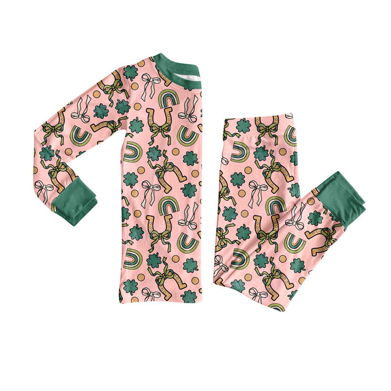 Preorder(moq 5) Baby Girls Clovers Bows Top Pants St Patrick Pajamas Sets