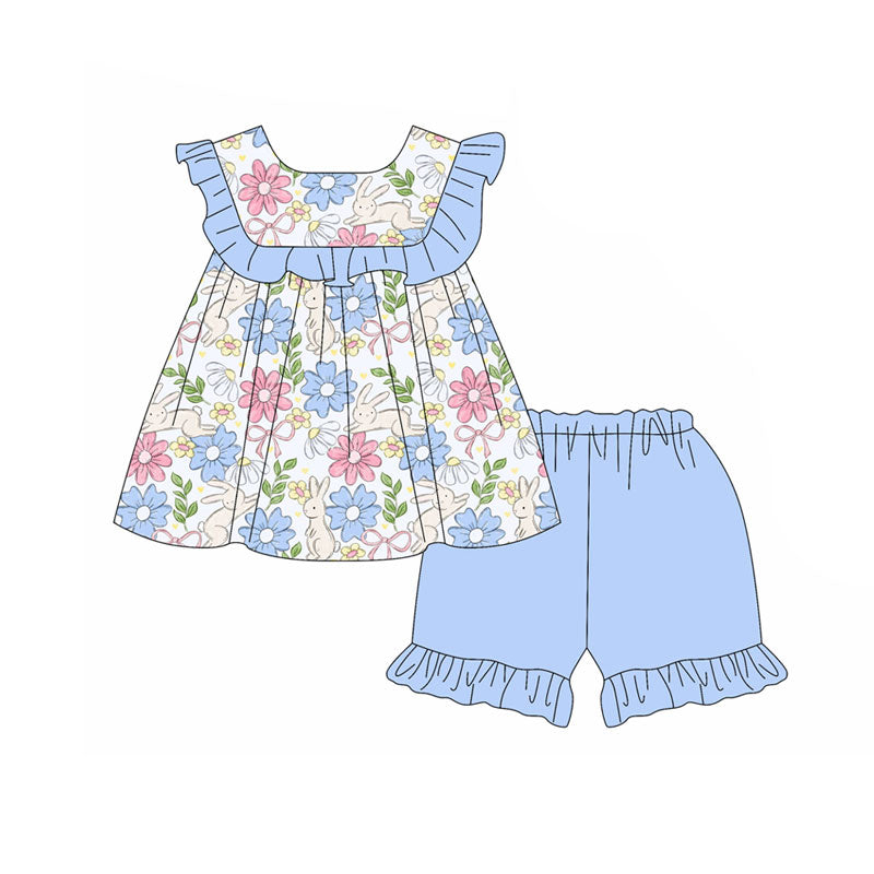 Preorder(moq 5) Baby Girls Rabbits Floral Bows Tunic Ruffle Shorts Easter Clothes Sets