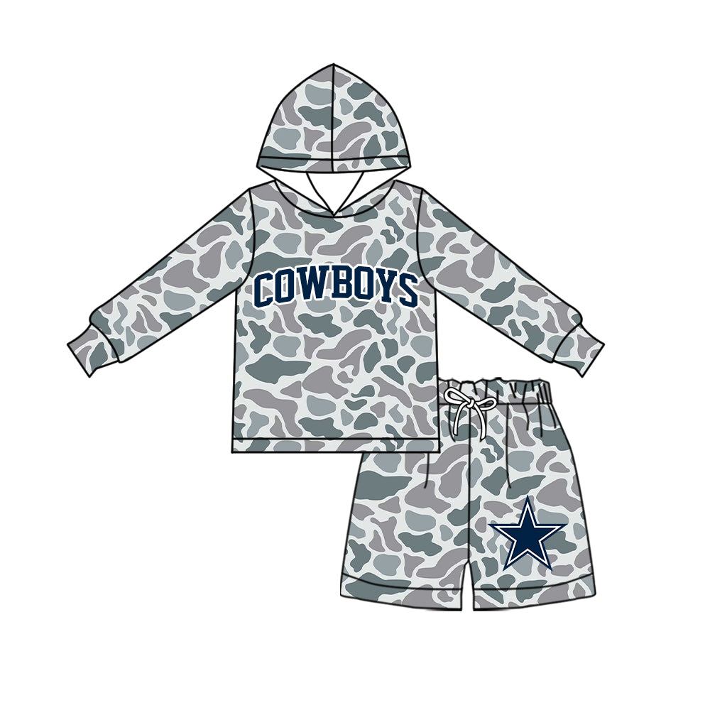 Preorder (moq 5) Baby Boys Grey Camo Cowboys Hoodie Short Team Clothes Sets