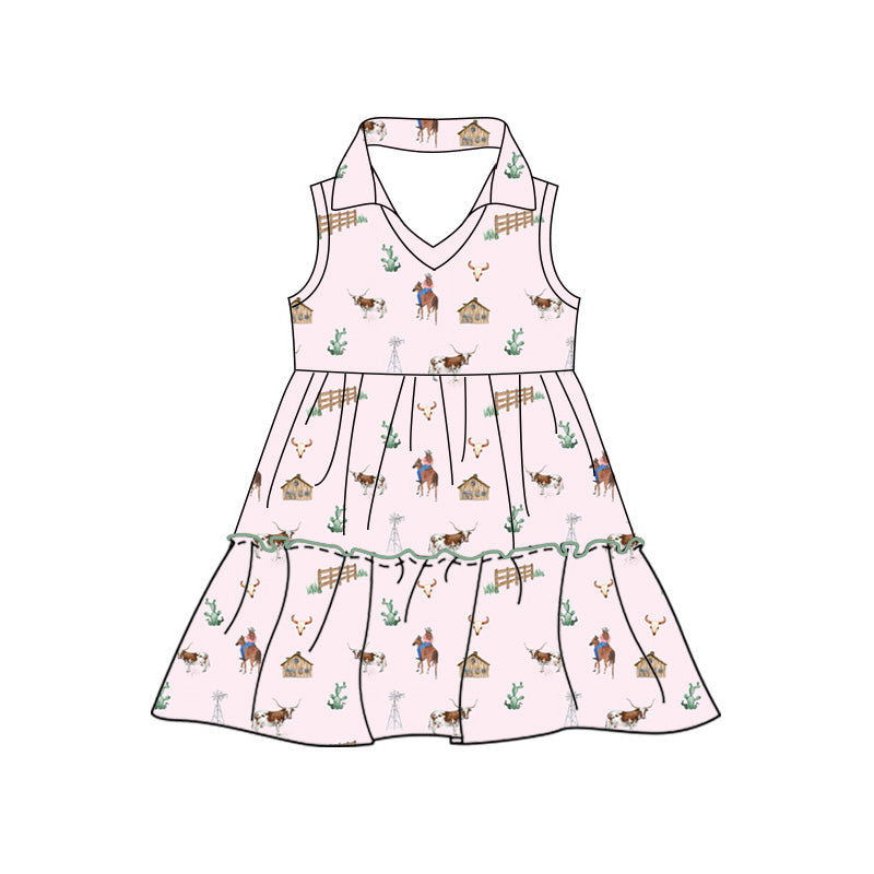 Preorder moq 5 Baby Girls Sleeveless Horses Cows Western Patchwork Knee Length Dress