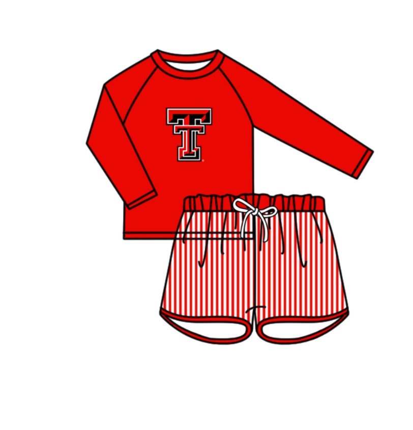 Preorder moq 5 Baby Boys Red TT Long Sleeve Top Stripe Shorts Team Swimsuits
