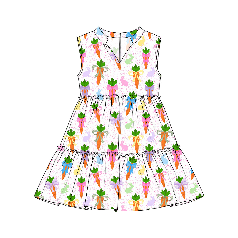 Preorder (moq 5) Girls Easter Colorful Carrot Bow Print Sleeveless Tiered Dresses, Festive Holiday Outfit