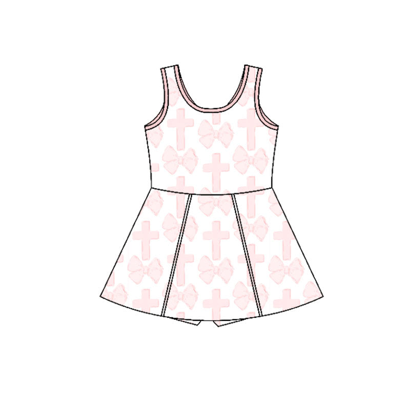 Preorder(moq 5) Baby Girls Sleeveless Pink Bows Crosses Shorts Knee Length Dresses
