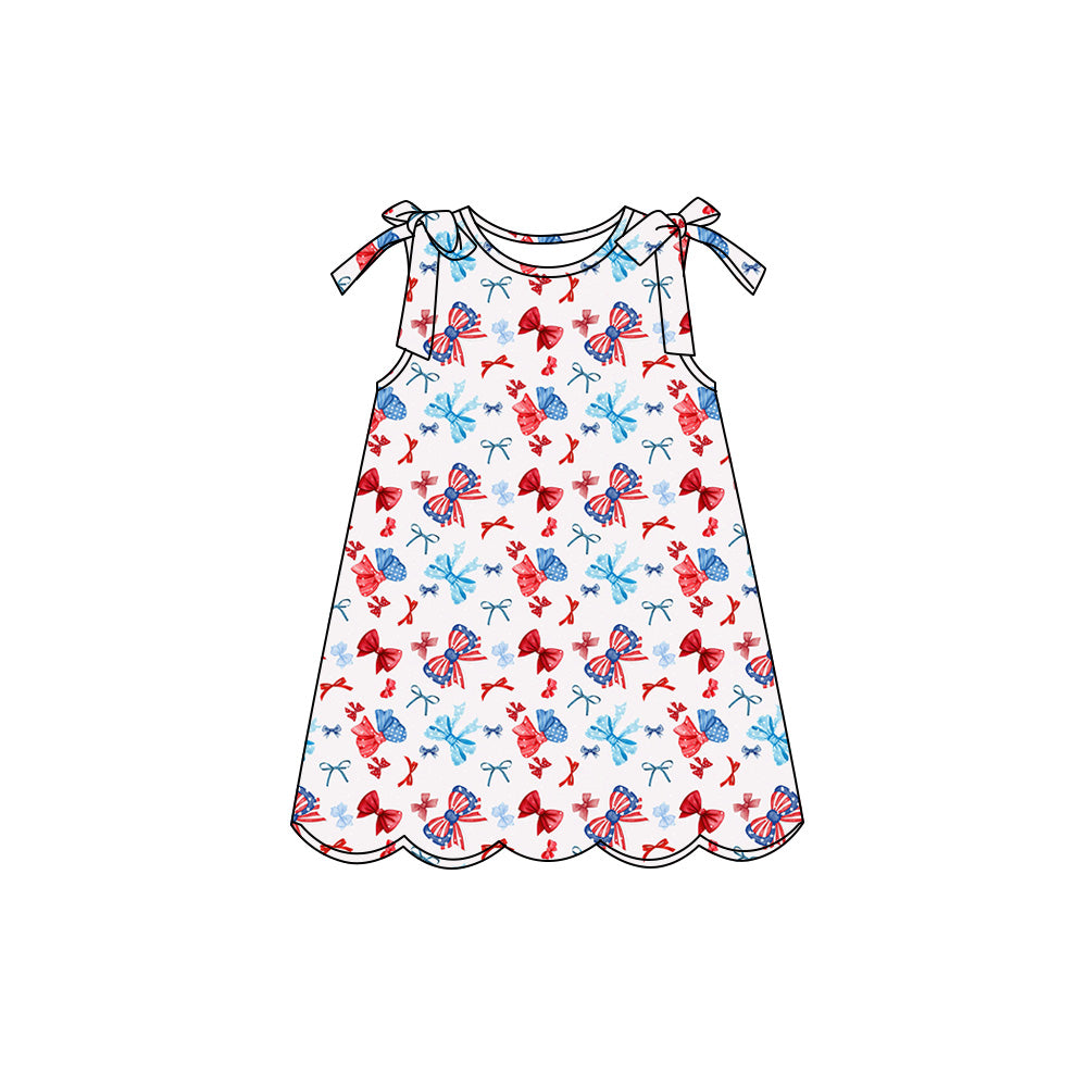 Preorder (moq 5)Baby Girls Red Blue Bows Plaid 4th of July Scallop Knee Length Dresses