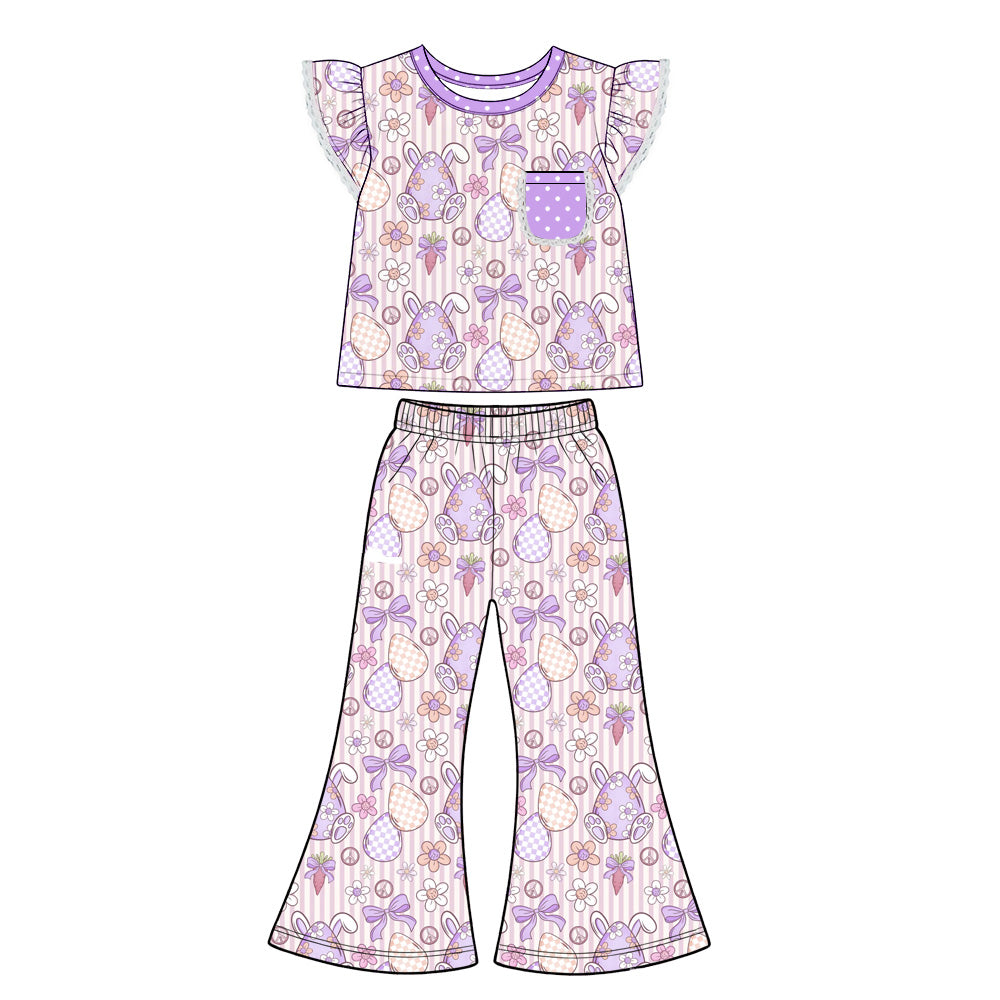 Preorder (moq 5) Baby Girl Clothes Easter Bunny Egg Stripe Print Flutter Sleeve Flare Pant Set