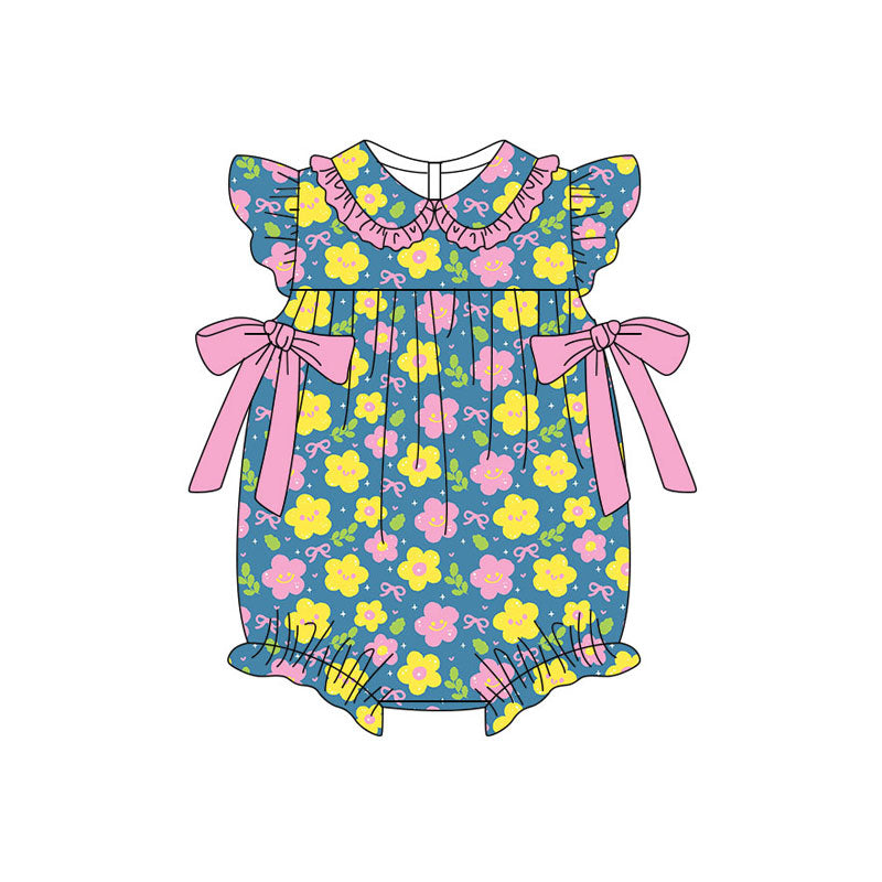 Preorder (moq 5)Baby Girls Pink Yellow Flower Bows Ruffle Collar Rompers