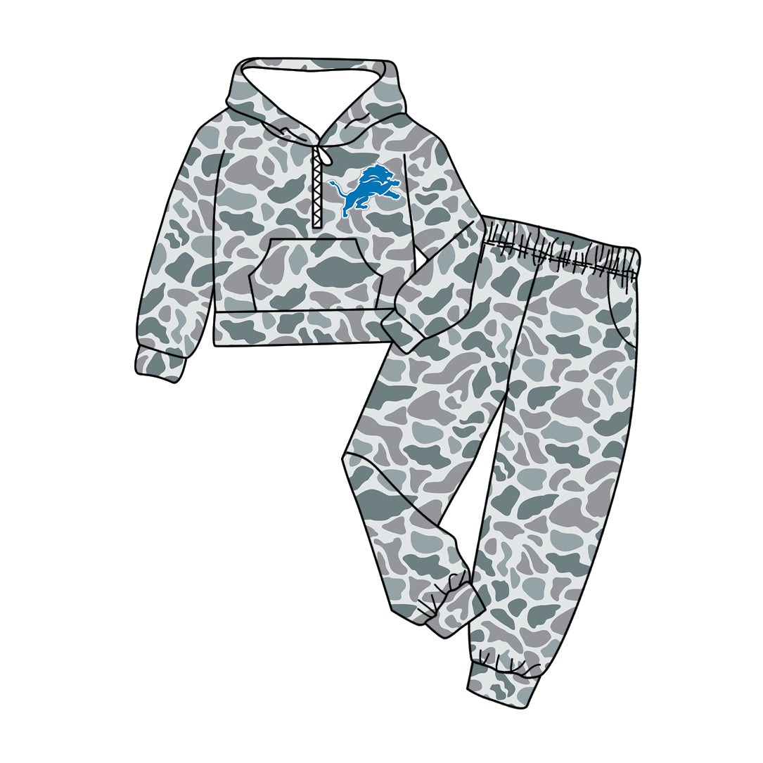 Preorder(moq 5)Baby Boys Grey Camo Lions Zip Pullover Pockets Joggers Team Clothes Sets