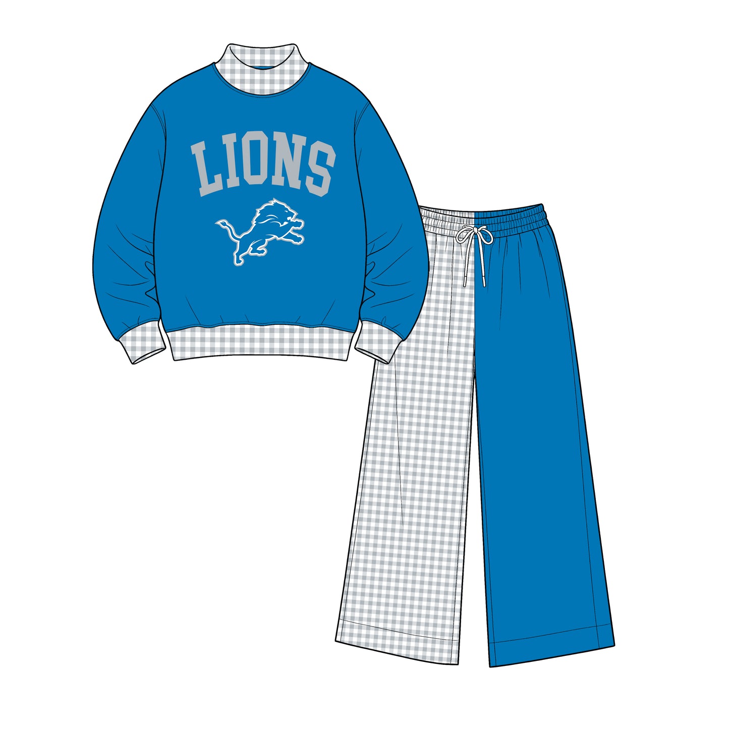 Preorder (moq 5)Baby Girls Blue Lions Top Flare Pant Team Clothes Set