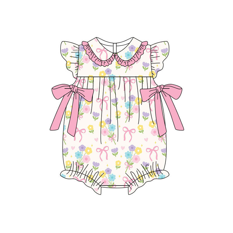 Preorder (moq 5)Baby Girls Colorful Flower Bows Ruffle Collar Rompers