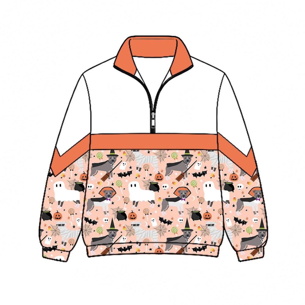 Preorder (moq 5)Baby Girls Pumpkins Bats Halloween Zip Pullovers Top