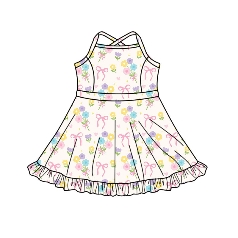 Preorder(moq 5) Baby Girls Colorful Flower Bows Strap Ruffle Shorts Knee Length Dresses