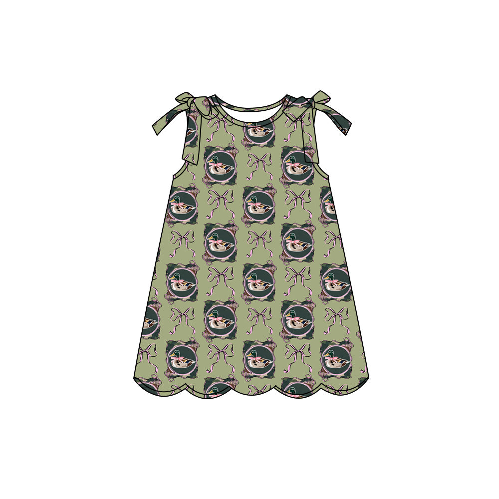 Preorder (moq 5)Baby Girls Sleeveless Bow Ducks Checked Hunting Scallop Knee Length Dresses