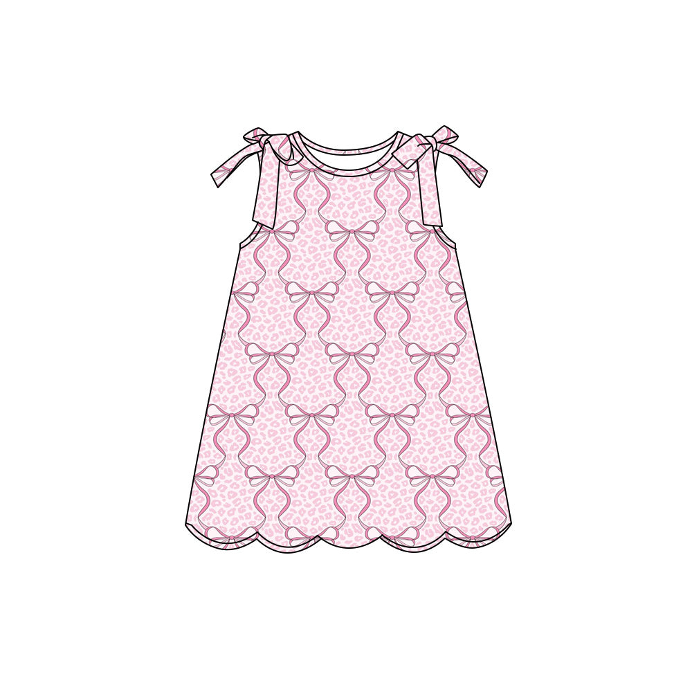 Preorder (moq 5)Baby Girls Sleeveless Pink Bows Leopard Scallop Knee Length Dresses