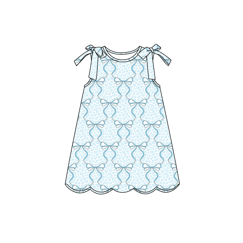 Preorder (moq 5)Baby Girls Sleeveless Aqua Bows Leopard Scallop Knee Length Dresses