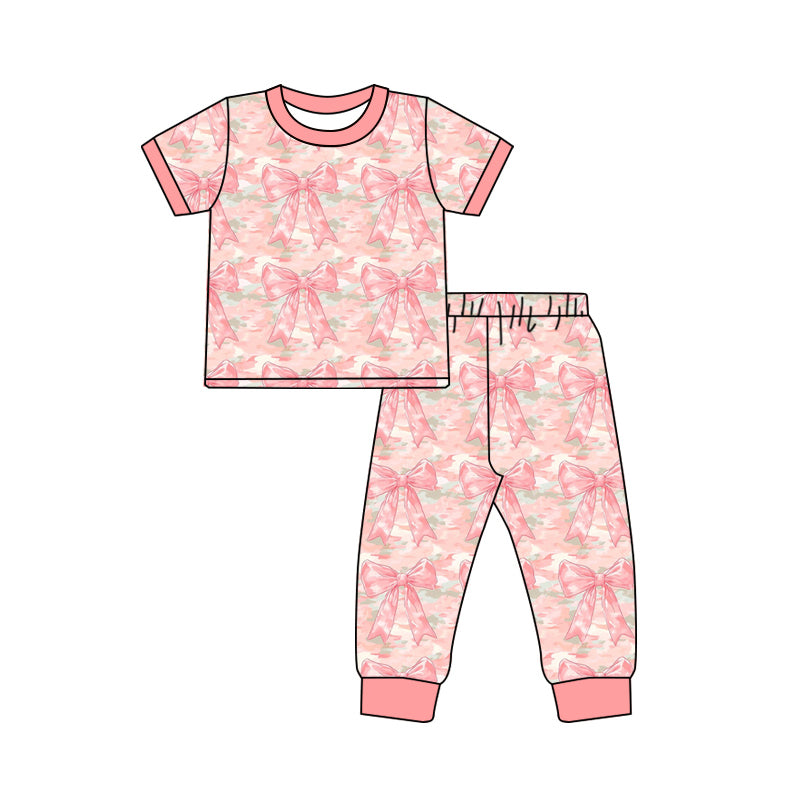 Preorder (moq 5)Baby Boys Pink Short Sleeves Camo Bows Top Pant Pajamas Sets