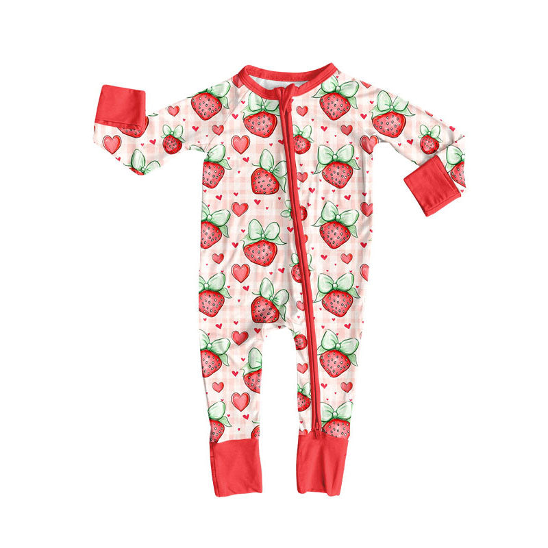 Preorder (moq 5)Baby Girls Hearts Strawberry Valentine Zipper Footie Rompers